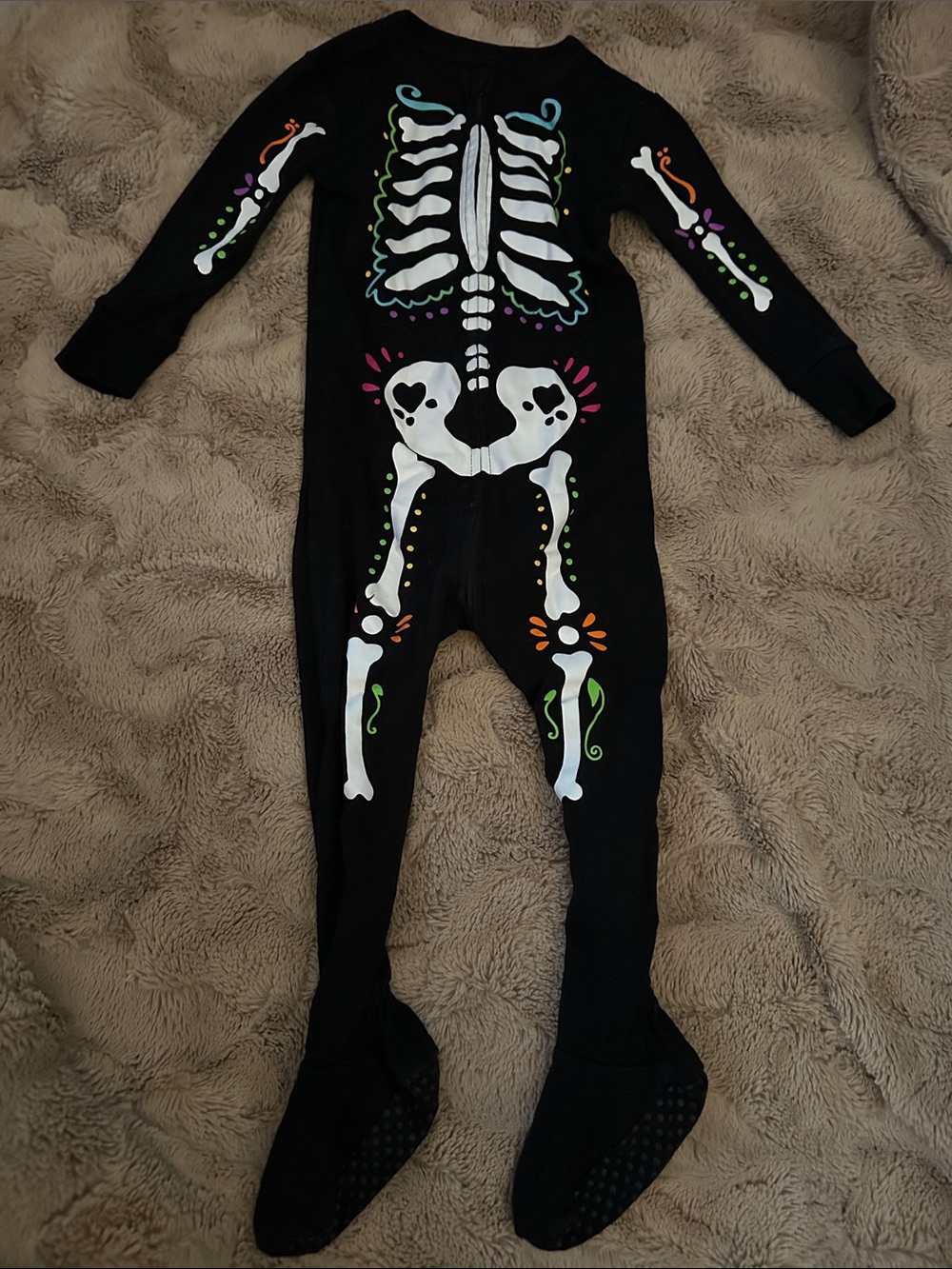 Black Skeleton One-Piece Pajamas with Colorful Accents, 18-24 months